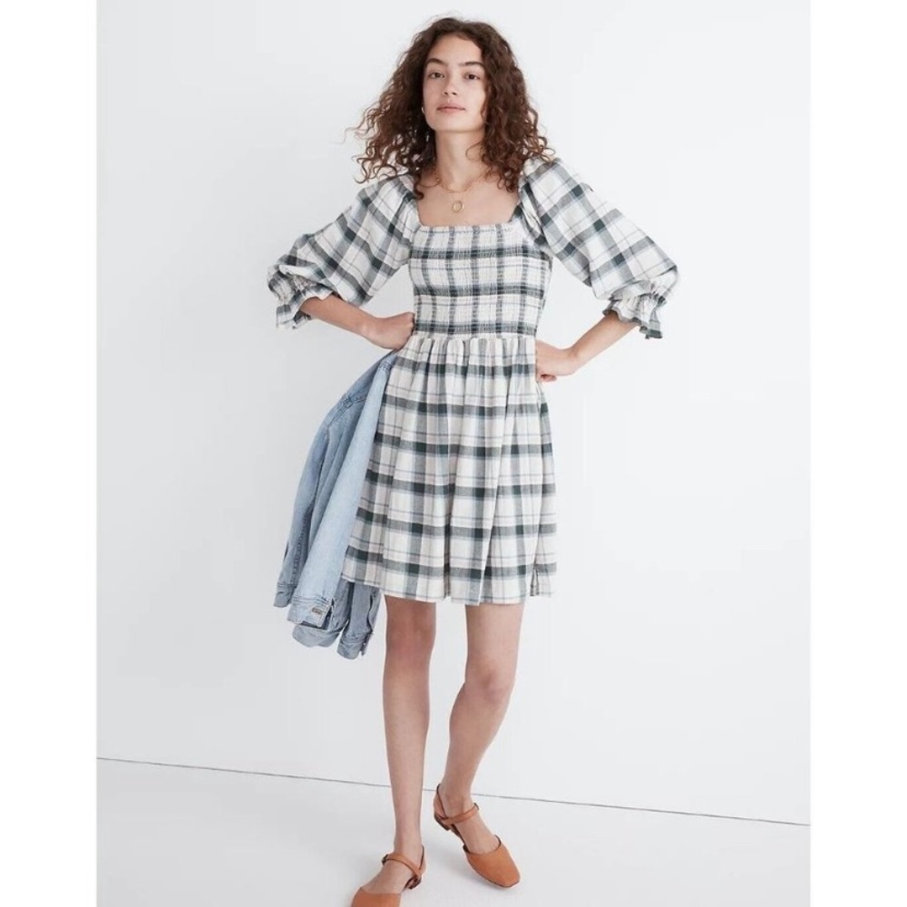 Madewell Lucie elbow-sleeve smocked mini dress in plaid